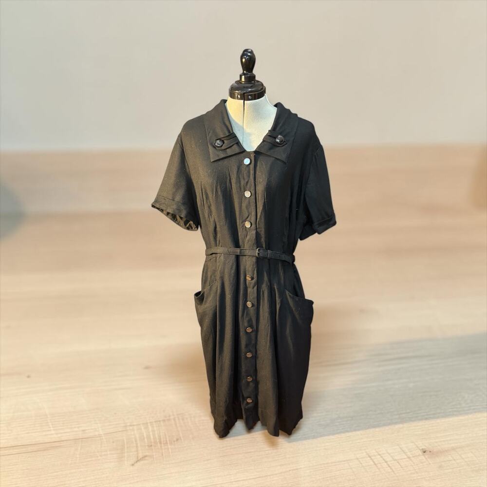 1940s Black Wool Shirtwaist Dress Belted Utility Pockets Film Noir